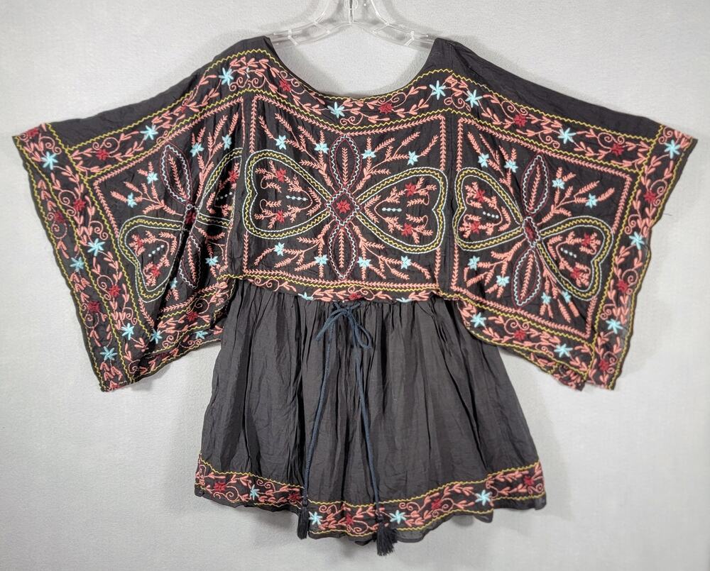 Free People Womens Sheer Batiste Frida Embroidered Mini Dress Black Small Kimono